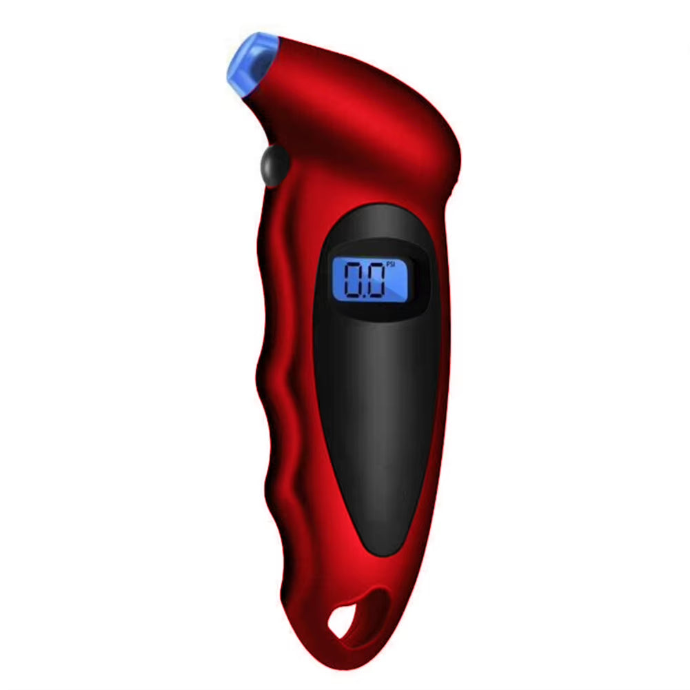 Manómetro digital para llantas rojo con pantalla iluminada en azul